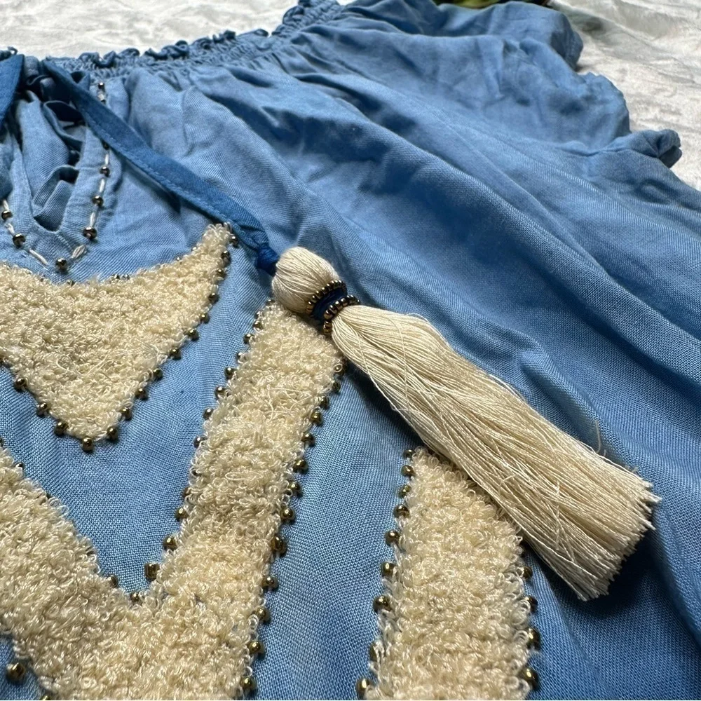 Skemo Bahama Gypsy Shirred Waist Dip Dyed Blue Mini Dress Cover-Up Womens Large